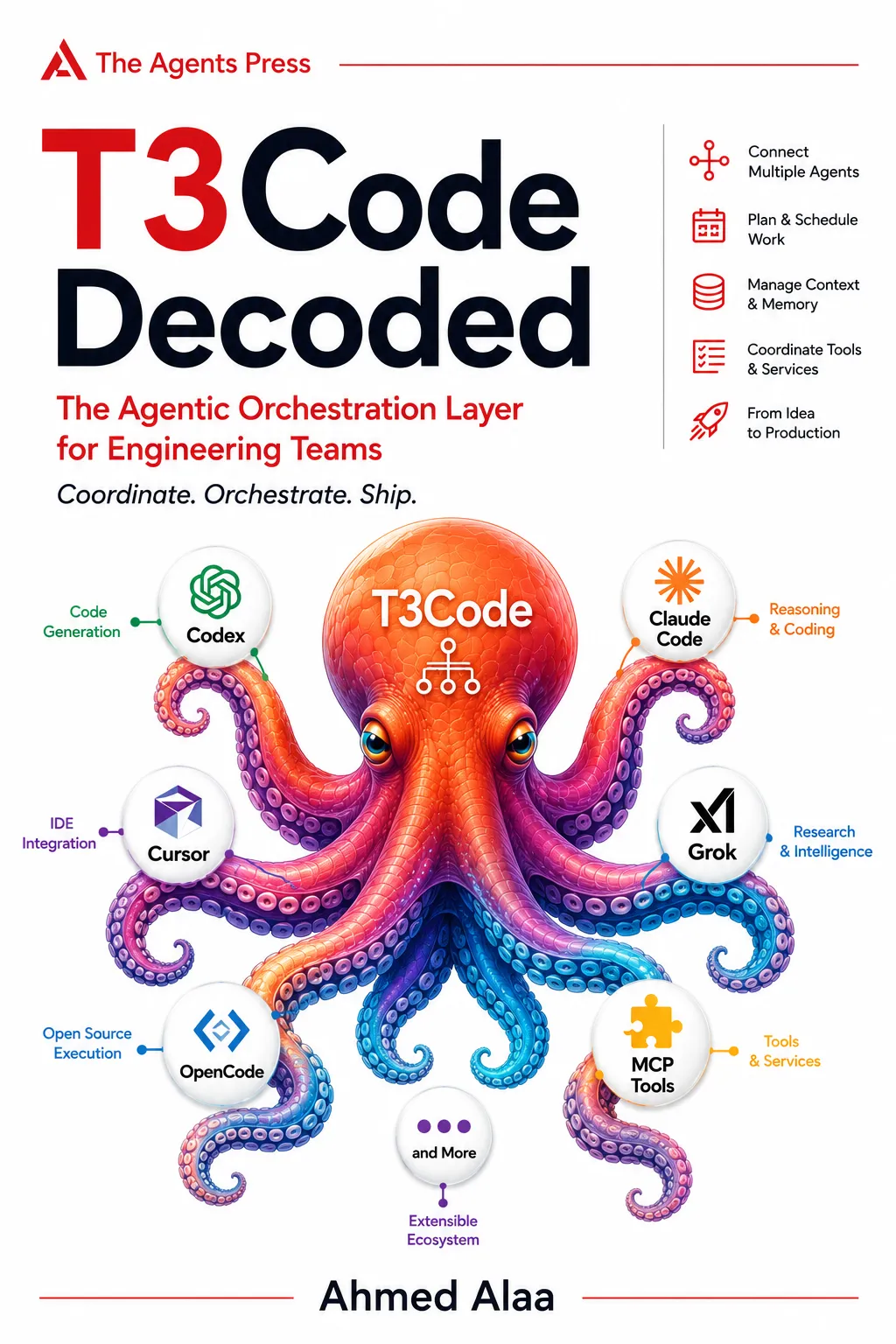 T3 Code Decoded book cover: an octopus connecting Codex, Claude Code, Cursor, Grok, OpenCode, and tools